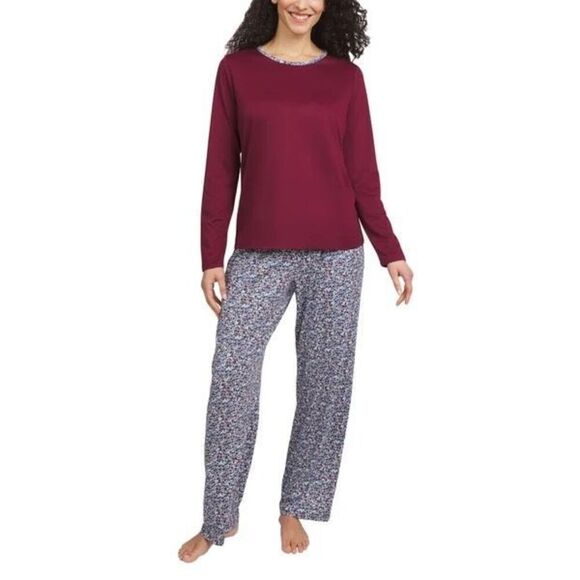 Lands End Two Piece Burgundy and Blue Floral Knit P.J. Set Size XXL - Picture 1 of 16
